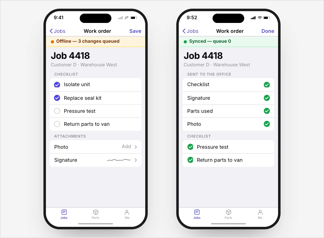 The same field work order on two phone screens: offline with three queued changes, then after sync with the queue back at zero